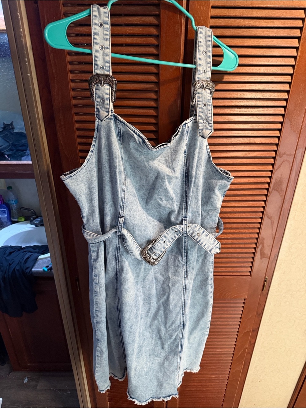 Light Wash Denim Pinafore Dress with Buckle Straps